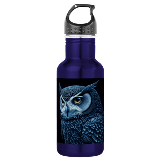 Blue and Black Serious Owl  532 Ml Water Bottle (Front)