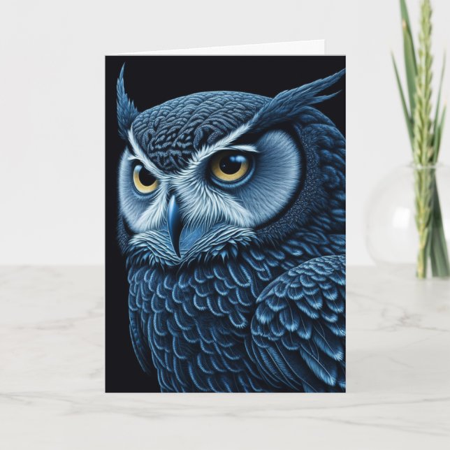 Blue and Black Serious Owl Blank Card (Front)