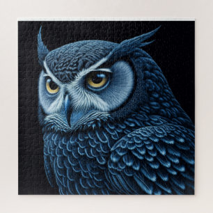 Blue and Black Serious Owl Jigsaw Puzzle