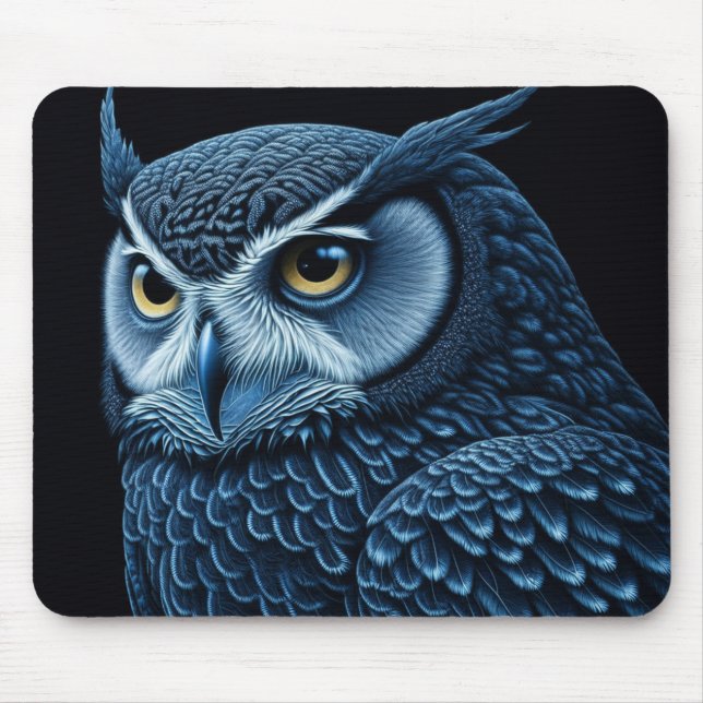 Blue and Black Serious Owl  Mouse Pad (Front)