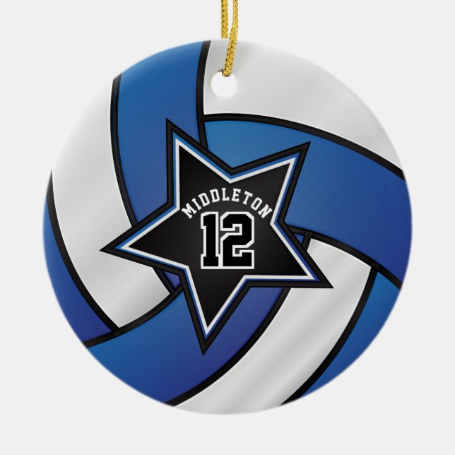 Blue and Black Star Volleyball 🏐 Ceramic Tree Decoration (Front)
