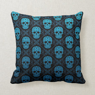 Blue and Black Sugar Skull Pattern Cushion