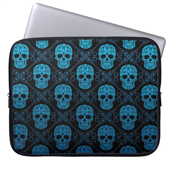 Blue and Black Sugar Skull Pattern Laptop Sleeve (Front)