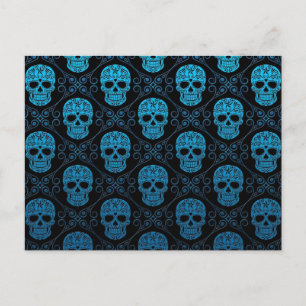 Blue and Black Sugar Skull Pattern Postcard