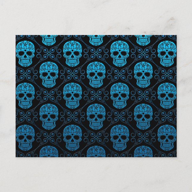 Blue and Black Sugar Skull Pattern Postcard (Front)