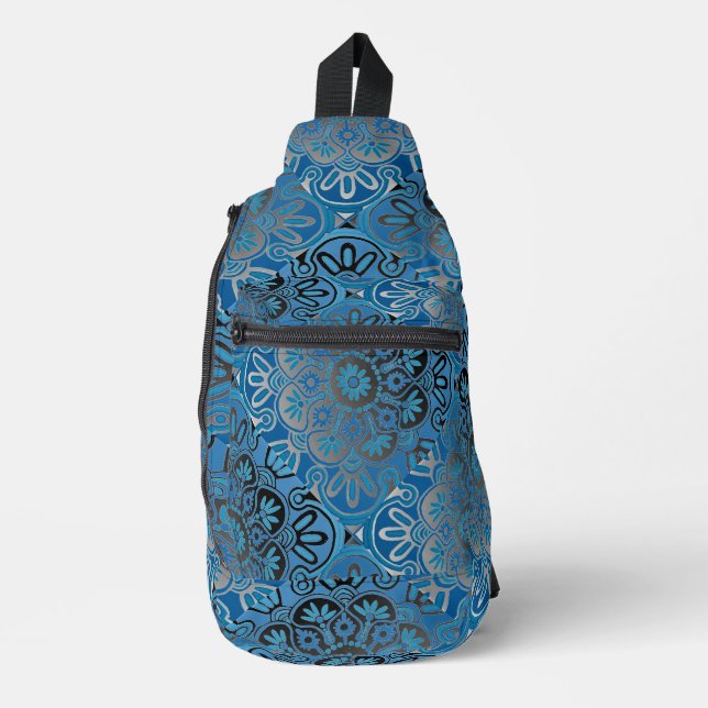 Blue and black tile pattern Sling bag Backpack (Front)