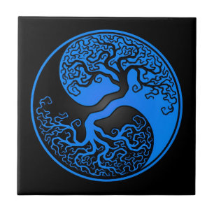 Blue and Black Tree of Life Yin Yang Tile