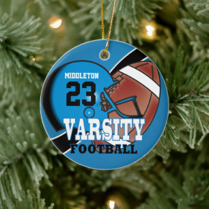 Blue and Black Varsity Football Ceramic Ornament
