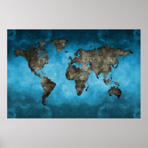 Blue and Black World Map Poster