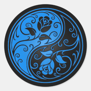 Blue and Black Yin Yang Roses Classic Round Sticker