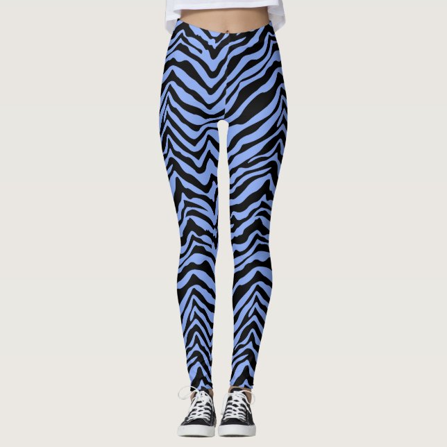 Blue and Black Zebra Animal Pattern Leggings (Front)