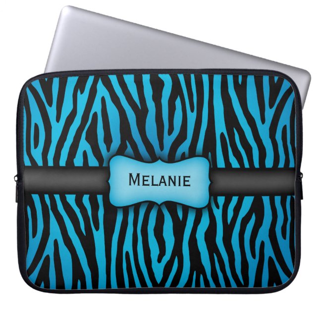 Blue and Black Zebra Stripes Laptop Sleeve (Front)