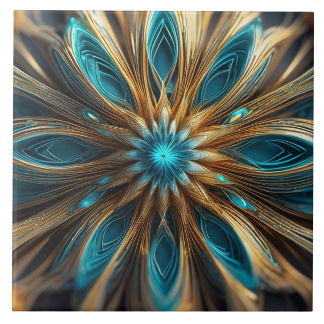 Blue and Blonde Floral Radial 3-d Abstract Ceramic Tile (Front)