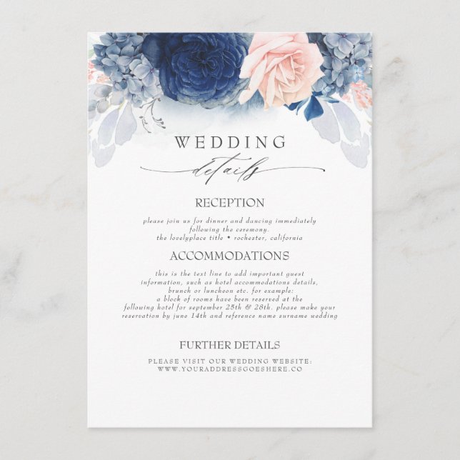 Blue and Blush Coloured Flowers Wedding Informatio Enclosure Card (Front)