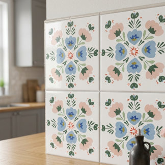 Blue and Blush Floral Folk Art Decorative Ceramic Tile