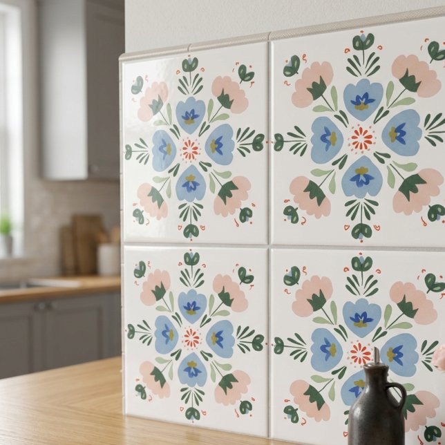 Blue and Blush Floral Folk Art Decorative Ceramic Tile (Blue and Blush Floral Folk Art Decorative Ceramic Tile
)