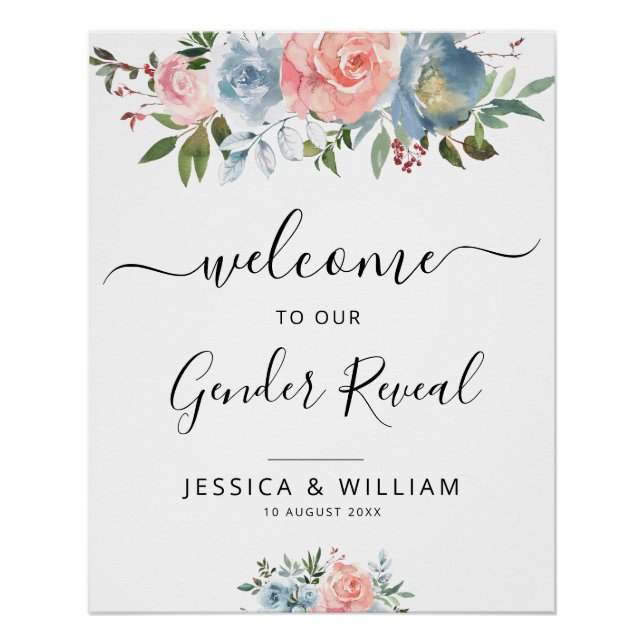 blue and blush flowers baby gender reveal sign (Front)