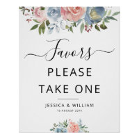 blue and blush flowers Favours sign