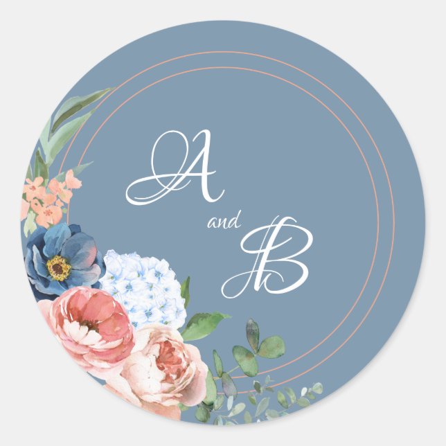 Blue and Blush Roses Classic Round Sticker (Front)