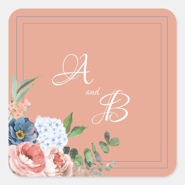Blue and Blush Roses Square Sticker (Front)