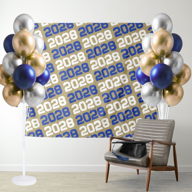 Blue and Bronze Gold Graduation Backdrop Tapestry (Blue and Gold Trendy Modern Graduation Repeating Class Year Backdrop)