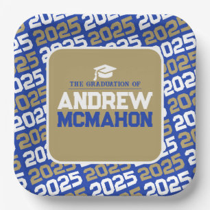Blue and Bronze Gold Personalised Graduation Paper Plate