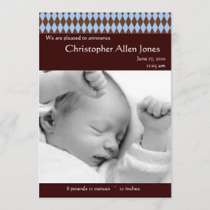 Blue and Brown Argyle Baby Boy Birth Announcement