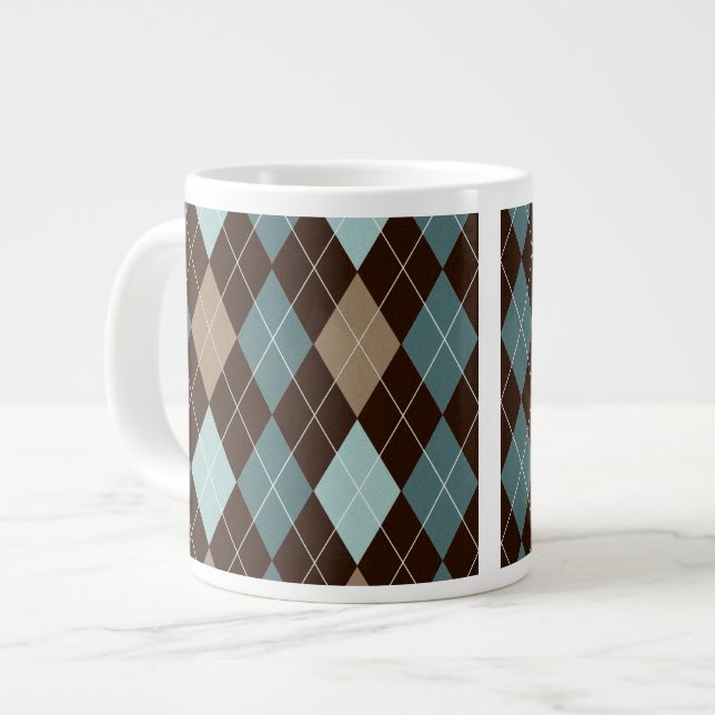 Blue and Brown Argyle Fashion Pattern Large Coffee Mug (Front Left)