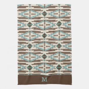 Blue and Brown Aztec Tribal Pattern Monogram Tea Towel