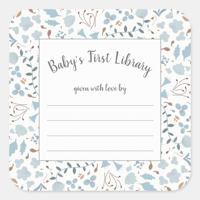 Blue and Brown botanical floral baby shower book Square Sticker (Front)