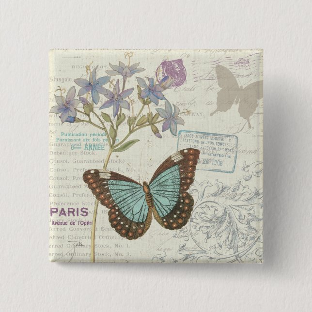 Blue and Brown Butterfly 15 Cm Square Badge (Front)