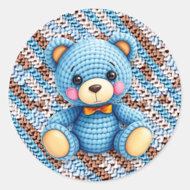 Blue and Brown Crocheted Teddy Bear  Classic Round Sticker (Front)