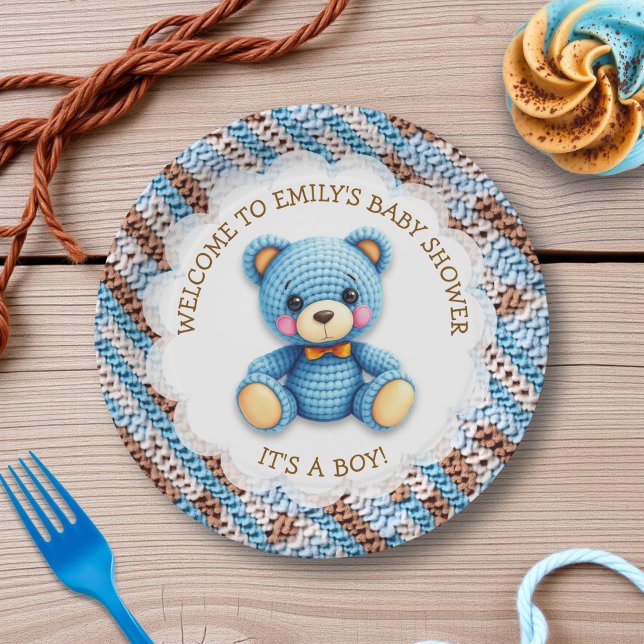 Blue and Brown Crocheted Teddy Bear It's a Boy Paper Plate (Creator Uploaded)