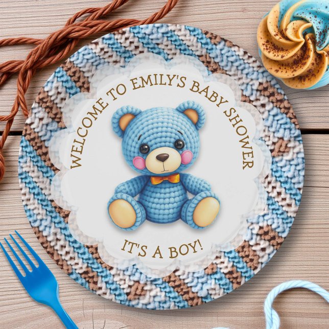 Blue and Brown Crocheted Teddy Bear It's a Boy Paper Plate (Creator Uploaded)