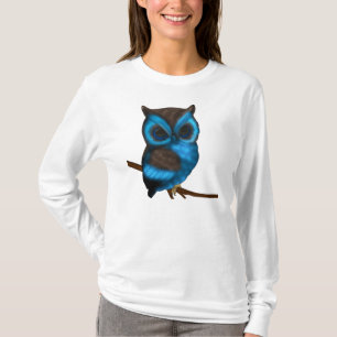 Blue And Brown Cute Owl On Branch Ladies Top