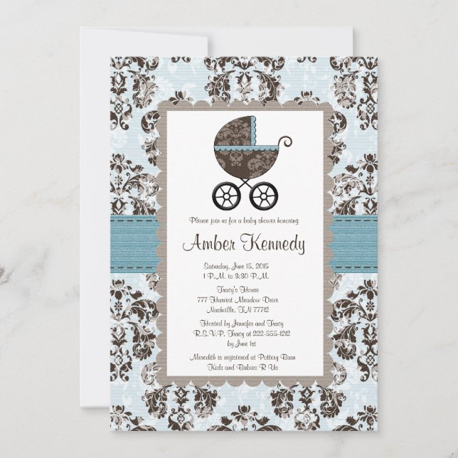 Blue and Brown Damask Baby Shower Invitations (Front)