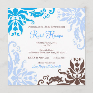 Blue and Brown Damask Bridal Shower Invite