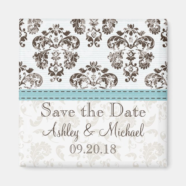 Blue and Brown Damask Save the Date Magnet (Front)