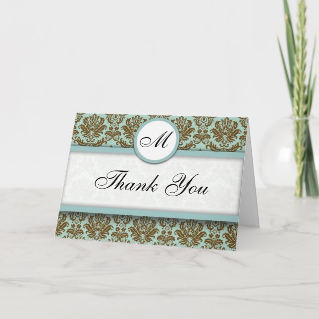Blue and Brown Damask Thank You Cards (Front)