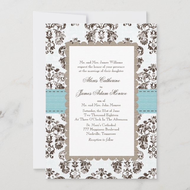 Blue and Brown Damask Wedding Invitations (Front)