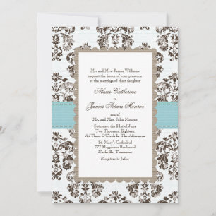 Blue and Brown Damask Wedding Invitations