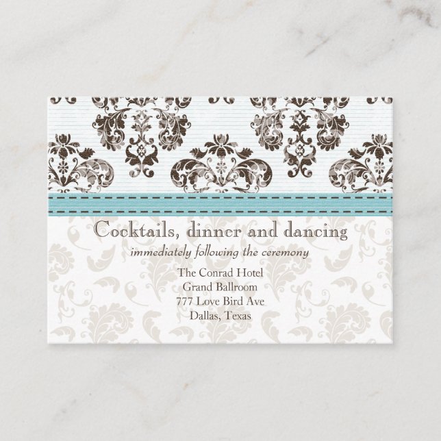 Blue and Brown Damask Wedding Reception Ca Enclosure Card (Front)