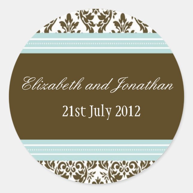 Blue and Brown Damask Wedding Sticker (Front)