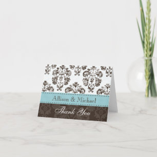 Blue and Brown Damask Wedding Thank You No