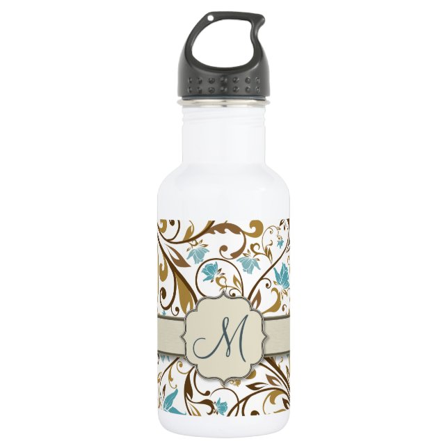 Blue and Brown Floral Vine Pattern with Monogram 532 Ml Water Bottle (Front)