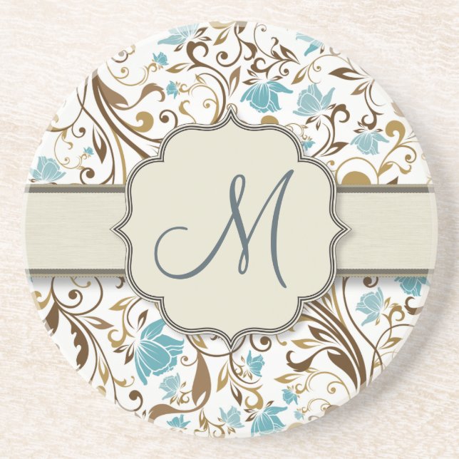 Blue and Brown Floral Vine Pattern with Monogram Coaster (Front)