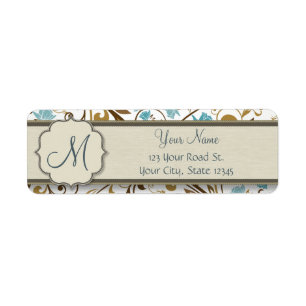 Blue and Brown Floral Vine Pattern with Monogram Return Address Label