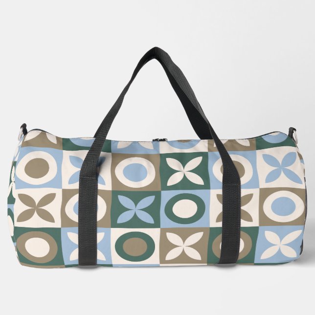 Blue and Brown Geometric Tile Mosaic Pattern Duffle Bag (Front)