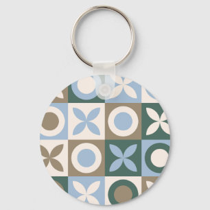 Blue and Brown Geometric Tile Mosaic Pattern Key Ring
