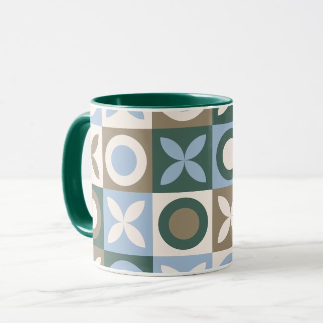 Blue and Brown Geometric Tile Mosaic Pattern Mug (Front Left)